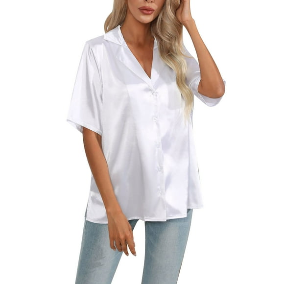PMUYBHF Female Women Cardigans Short Sleeve Women'S Solid Suit Collar Satin Finish Silk Short Sleeve Blouse Top L White