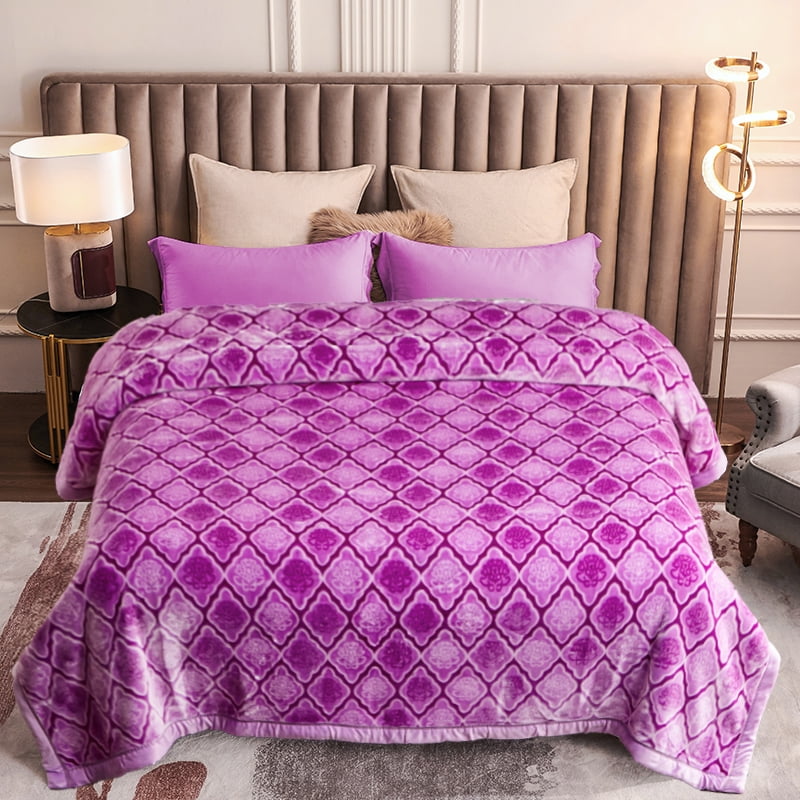 Heavy Thick Fleece Blanket King Size, 10.5lbs,2 Ply A & B Pattern Silky Soft Warm Reversible Raschel Winter Blanket, Minky Soft Plush Blanket for Sofa Bed, 87"x94", Purple Floral