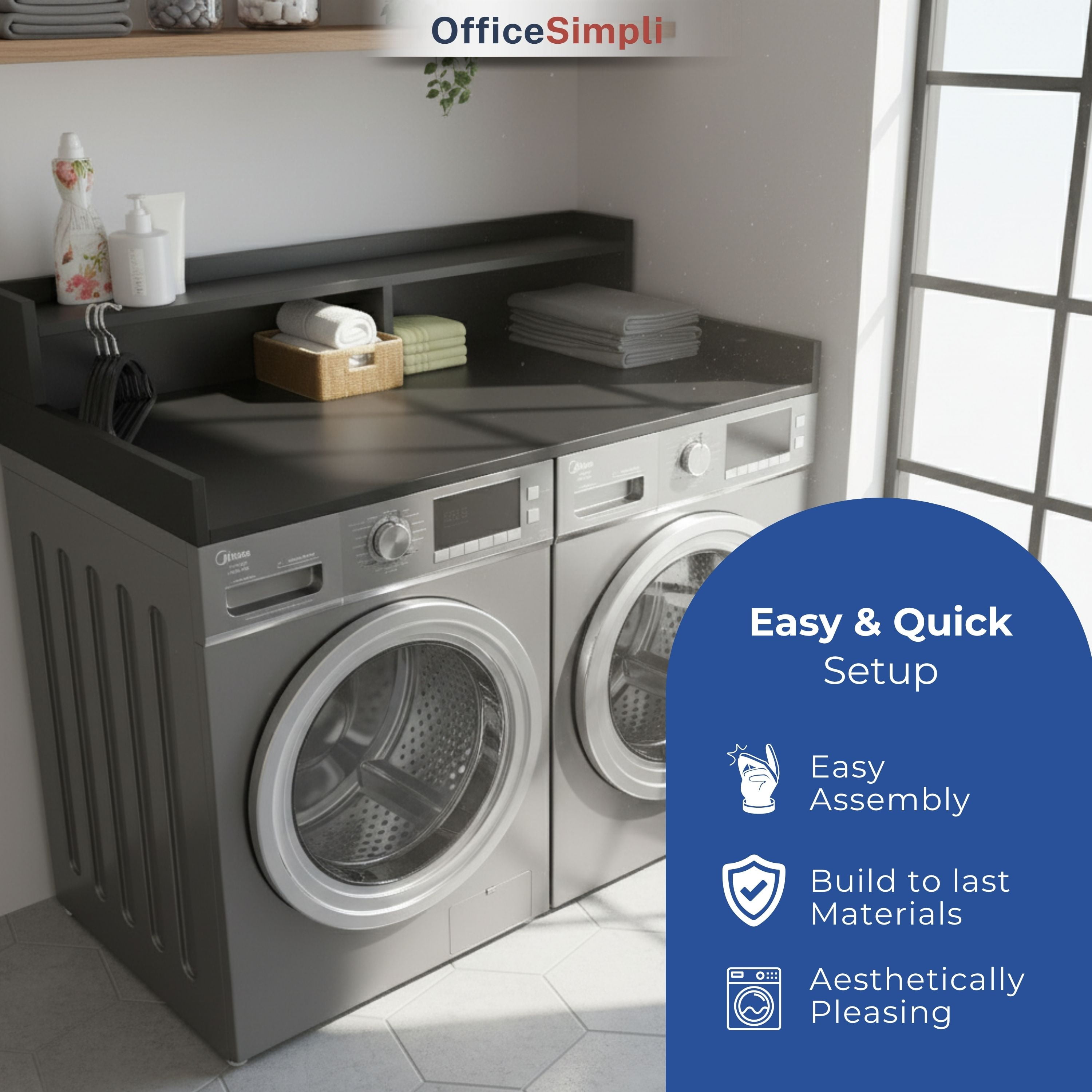 OfficeSimpli Large Washer Dryer Countertop with Shelf - 30 x 58 Inch - Made in USA Laundry Countertop Over Washer and Dryer with Non-Slip Pads, Storage Shelf, Laundry Topper Organizer, Black