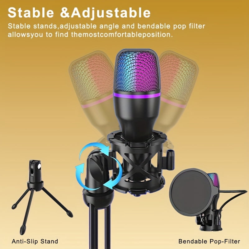 USB Gaming Microphone with RGB, Tripod & Pop Filter - Condenser Mic for Streaming, Podcast, PC, PS4/5, Skype, YouTube, Conference Call
