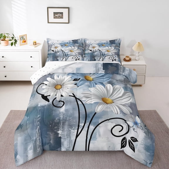 Erosebridal Chic Daisy Bedding Sets Twin with Comforter,Botanical Flower Duvet Insert,Gradient Blue Comforter Sets Twin Size,Super Cozy Room Decoration Reversible,2 Pieces