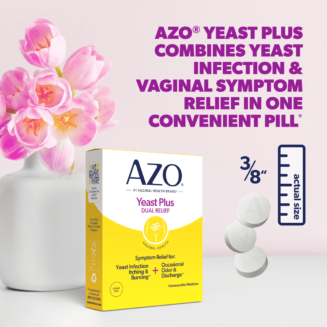 AZO Yeast Plus Dual Relief Tablets, Eases Itching, Burning, Odor & Discomfort from Yeast Infections, FSA/HSA Eligible, 60 Count