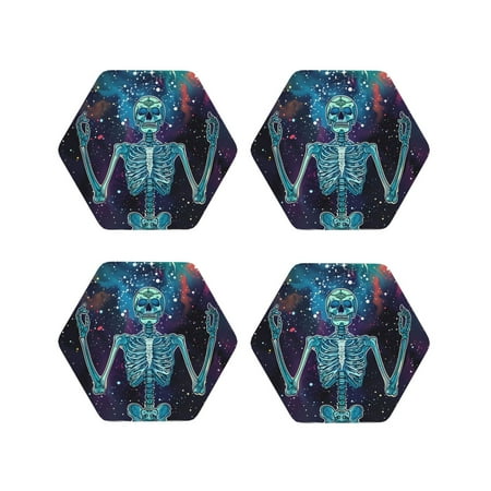 

Junzan Space Skeleton Meditation Print Coasters for Drinks - Leather Coasters Set of 4 for Coffee Table for Housewarming/Kitchen/Bar/Decor-Hexagon