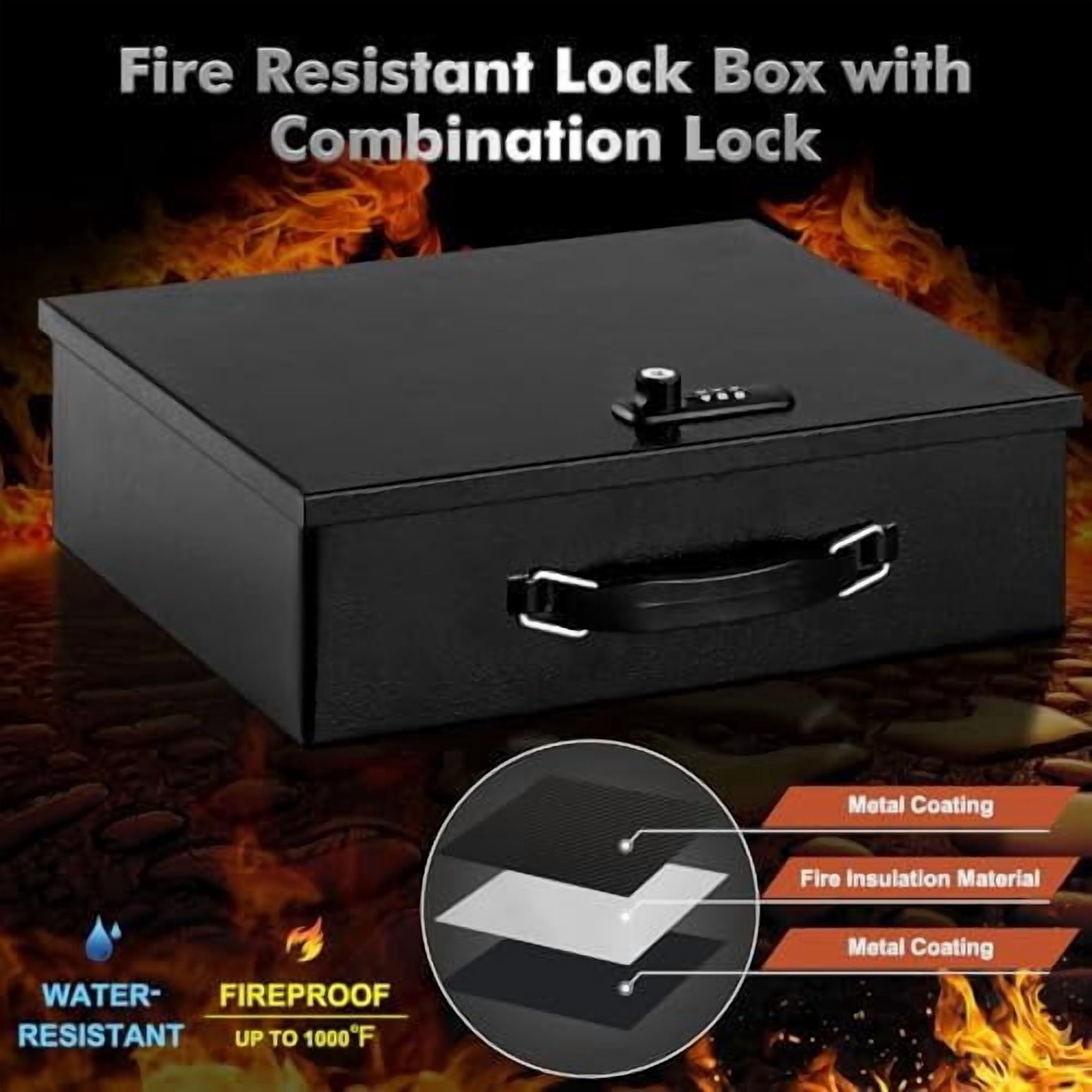 Fireproof Lock Box for Documents, Dual Combination and Key Lock Security with Carrying Handle, Metal Strong Safe Box to Keep Personal Items, Documents, Exterior 13.2''x 11''x4.13'', Black