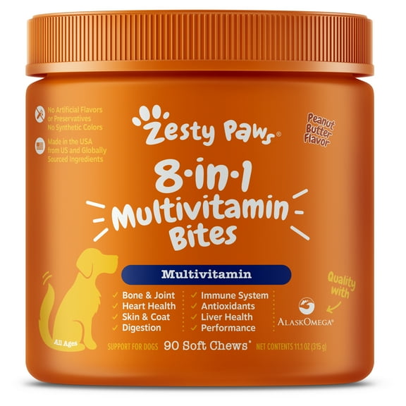 Zesty Paws 8-in-1 Multivitamin Bites for Dogs, Peanut Butter 90 ct