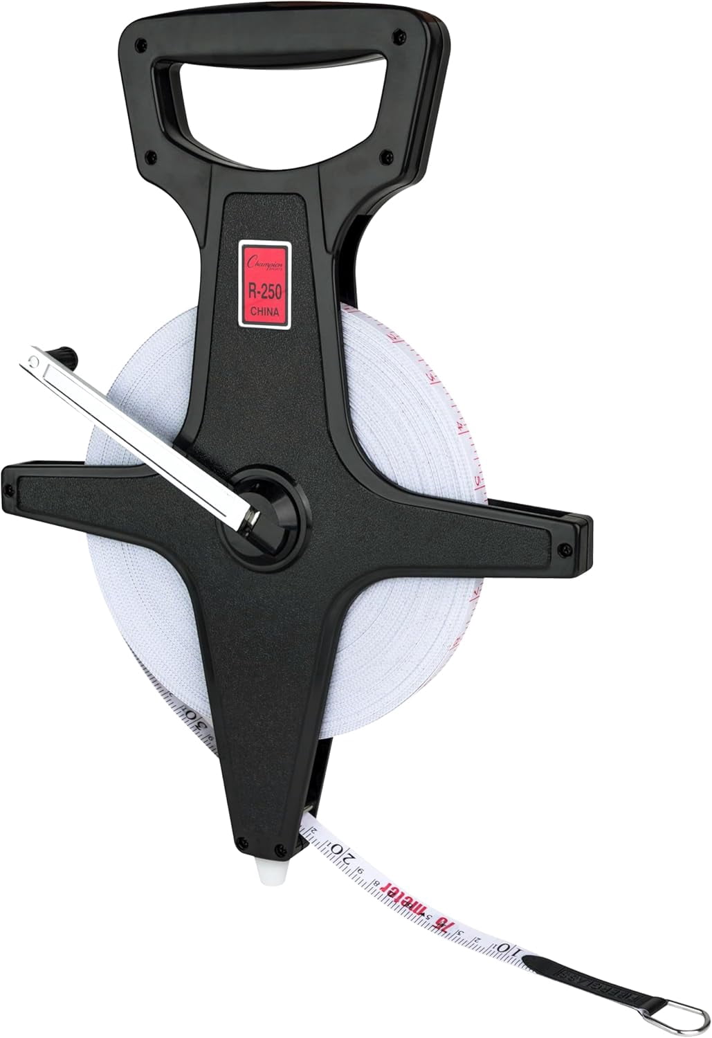 Champion Sports Open Reel Measure Tape, 250 ft, 75 Meters, with Metal Spike, Hand Crank - Open Tape Measure for Track and Field, Long Jump - Durable, Dual-Sided Measuring Reel with Feet and Meters