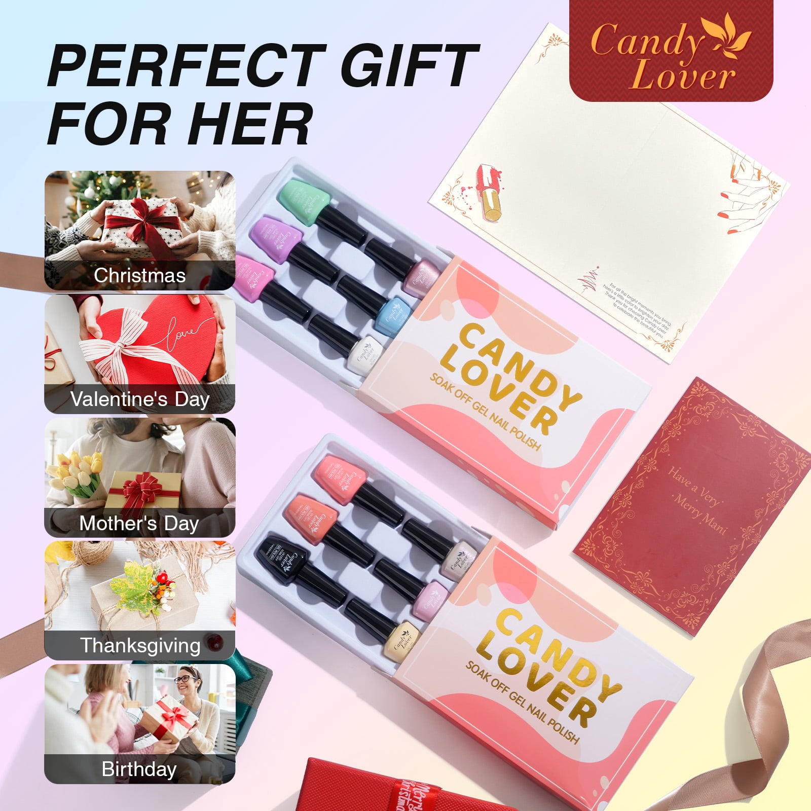 Candy Lover Gel Nail Polish Kit, 12 Colors Romantic Macaron Nail Gel Kit with Greeting Card & 72W UV Nail Lamp, Salon Quality Long-lasting Gel Polish Set, Gift for Girl Women DIY Manicure