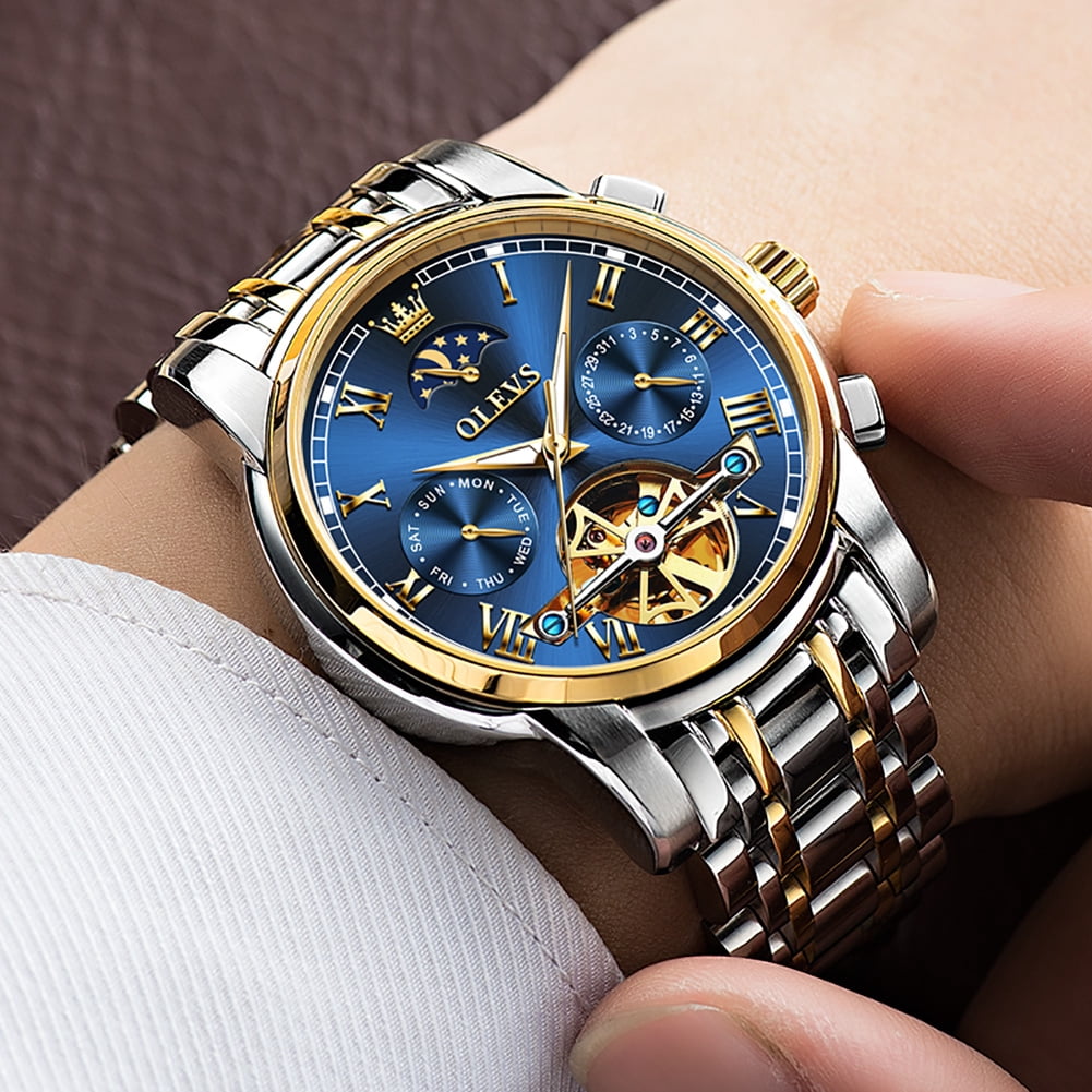 OLEVS Automatic Watches for Mens Skeleton Mechanical Self Winding Chronograph Calendar Classic Dress Moon Phase Multifunction Mens Wrist Watches Luminous Waterproof Stainless Steel Reloj Para Hombre