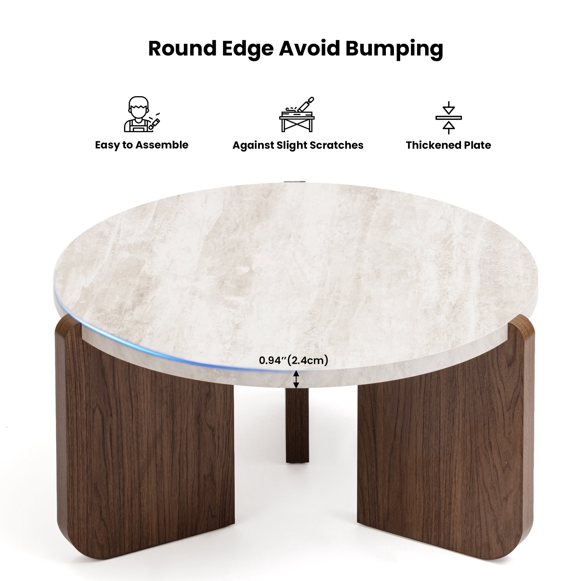 FOROUTIA Round Coffee Table with Faux Marble Top,Modern Walnut Legs Living Room Table