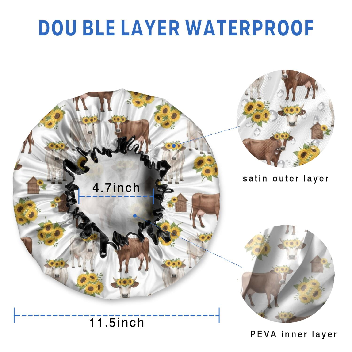 Shower Caps,White Cow Sunflower Pattern Waterproof Shower Cap for Women 4 Pieces,Double Reusable Hair Cover for Shower PEVA Elastic Stretch Hem