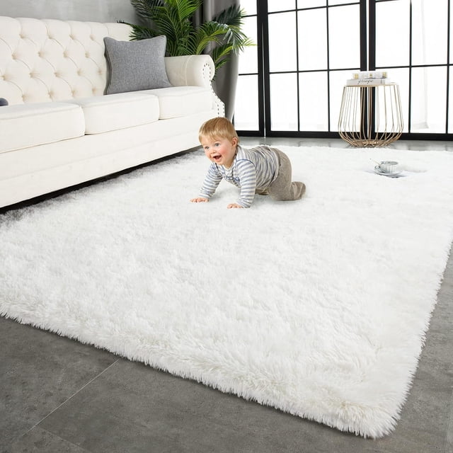 Alfombra borrosa de felpa TWINNIS, 274 x 335 cm, color crema y blanco