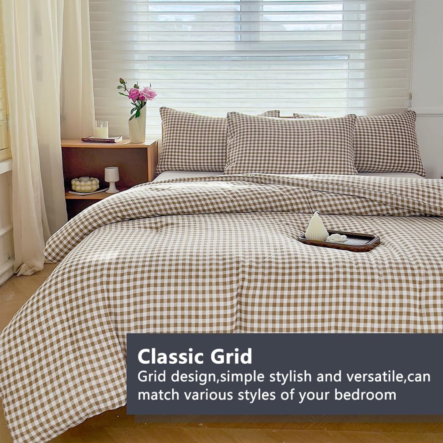 Tan Gingham King Comforter Set, Taupe Plaid Bedding Set, Checked Bed Comforter 3 Pieces(Tan Gingham, King)