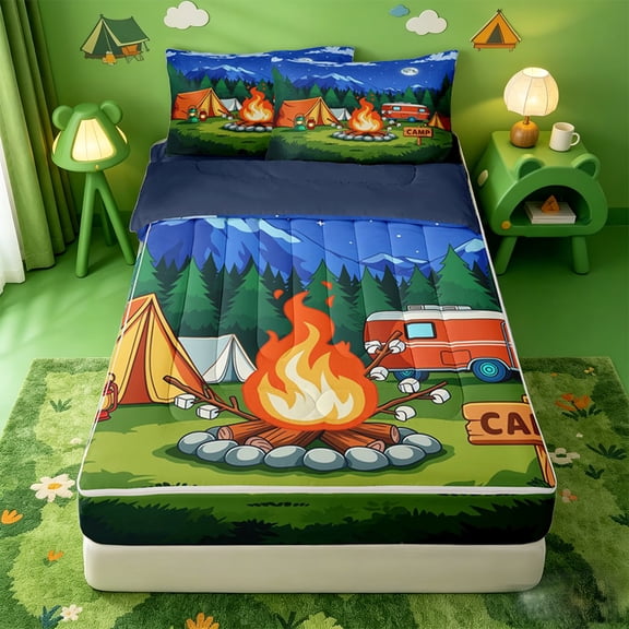 catabedysis Night Camping Zipper Twin Comforter Sets with Fitted Sheet and 2 Pillowcases,Campfire Camper Print Zipper Bedding Set For Boys,Multicolor,Navy Blue Reversible,4 Pieces