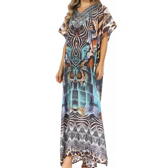Sakkas Vicky Women's Casual Long Print Short Sleeve Petit Beach Maxi Caftan Dress - Print-3 - One Size