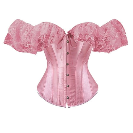 BYHONG Women Lace Up Vintage Boned Bustier Corset with Garters Lace Up Boned Overbust Corset Bustier Lingerie Bodyshaper Womens Corset Pink Corset Tops for Women S