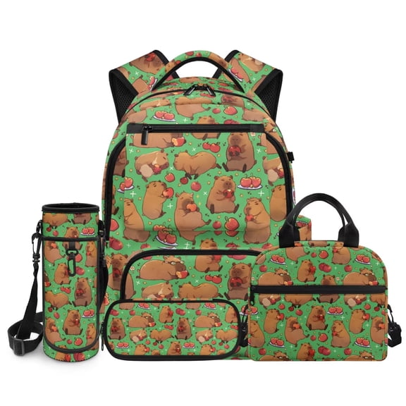 Psesaysky Capybara Backpack for Girls 6-8 Kawaii Kids Bookbag with Lunch Box Pencil Case Water Bottle Holder Large Capacity School Bag Set of 4 Pcs Back to School Supplies