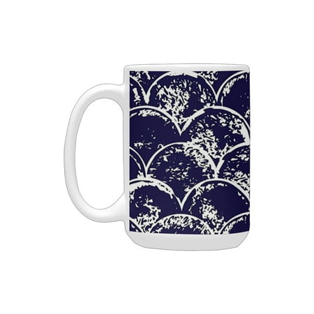 

Navy Blue Decor Cool Modern Trend Round Erased Circles Sculpt like Design Image Dark Blue and White Ceramic Mug (15 OZ) (Made In USA)