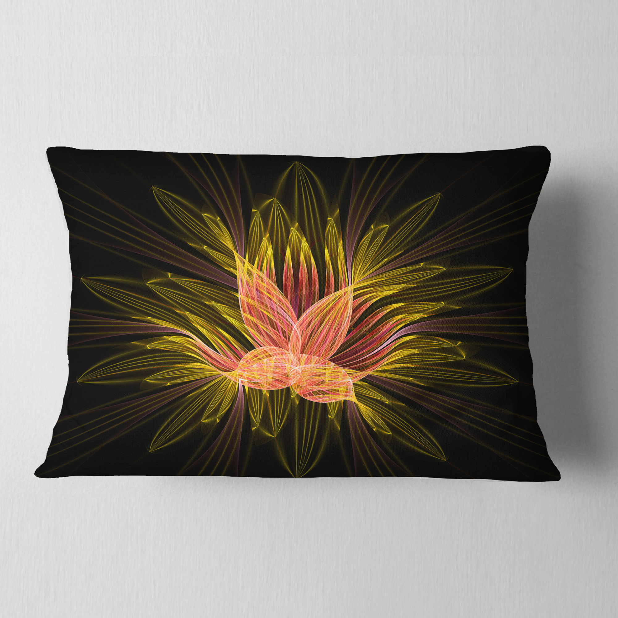 Designart Yellow Red Fractal Flower in Dark - Floral Throw Pillow - 12x20