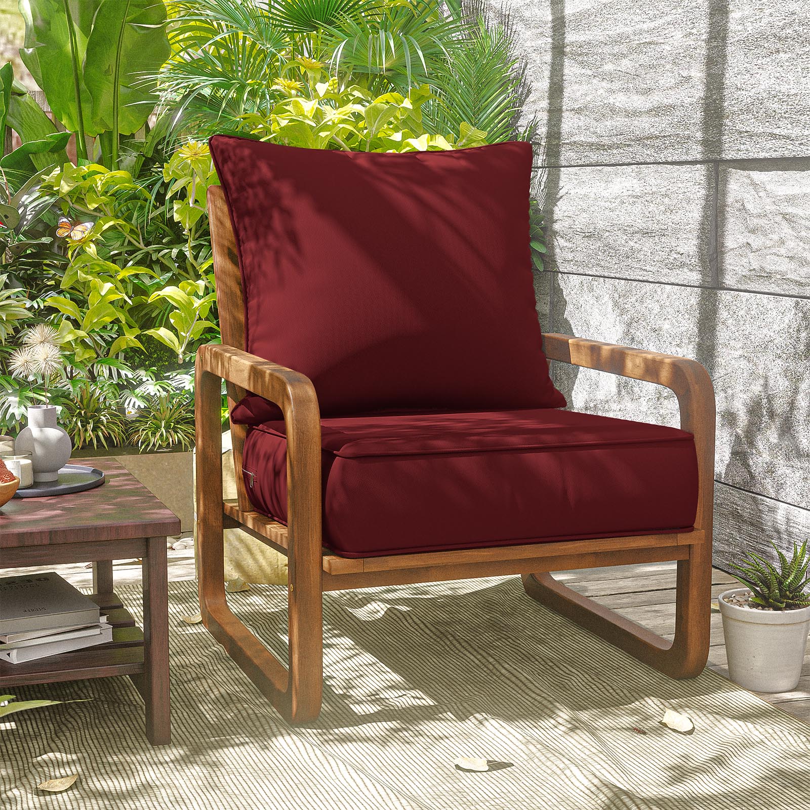 Snubbull Outdoor Deep Seat Cushion Set 24 X 24 X 6.5 inch Splash-Proof & Fadeness Patio Furniture Cushions，Removable Outdoor Couch Cushions with Hidden Zipper & Adjustment Staps, Burgundy