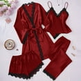 thumbnail image 2 of Oksale 4 PC Satin Pajamas for Women Set Plus Size Lace Trim Long Sleeve Robes and Loose Shorts Sexy Strap Vest Elastic Long Pants Cozy Pjs Sets Wine XL, 2 of 8