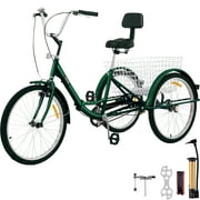 VEVOR Foldable Adult Tricycle 24'' Wheels Tricycle, 1-Speed Green Trike, 3 Wheels Colorful Bike with Basket, Portable and Foldable Bicycle for Adults Exercise Shopping Picnic Outdoor Activities