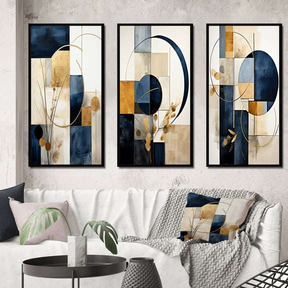 Designart "Navy Blue Organic Minimal Geometry II" Modern Geometric Framed Wall Art Set Of 3 - Yellow Abstract Frame Gallery Wall Set For Home Decor