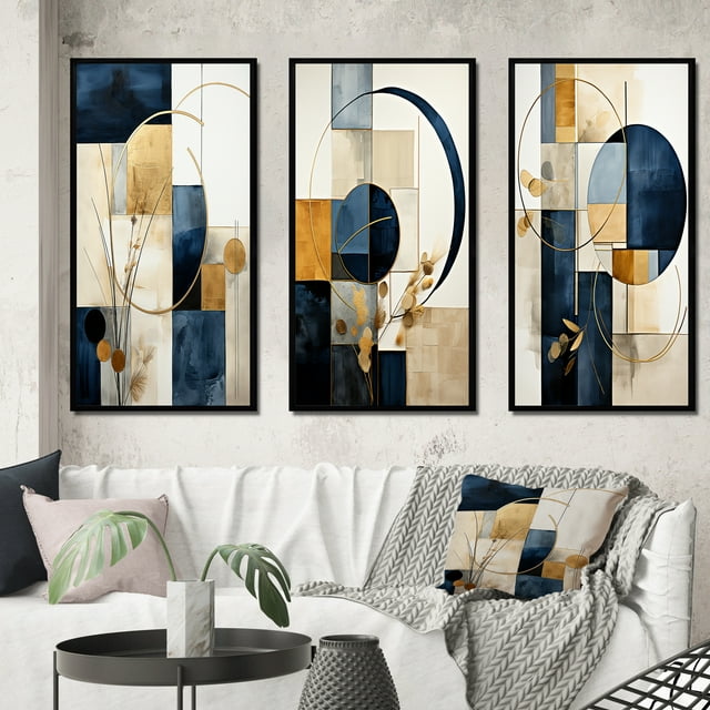 Designart "Navy Blue Organic Minimal Geometry II" Modern Geometric Framed Wall Art Set Of 3 - Yellow Abstract Frame Gallery Wall Set For Home Decor