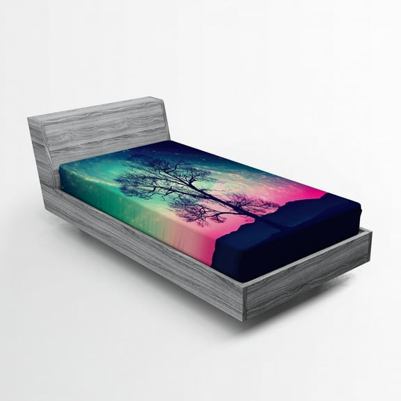 Ambesonne Space Fitted Sheet, Magic Night Sky Landscape, Twin XL Size, Pink Aqua Dark Blue