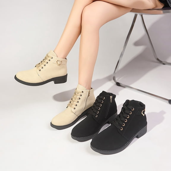 Juebong Women's Combat Boots Low Heel Dressy Lace Up Ankle Boots Faux Suede Side Zipper Short Shoes Beige,40