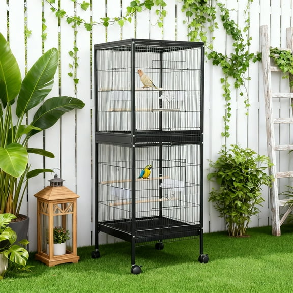 55 Inch Large Double Stackable Parrot Cage - Metal Bird Aviary with Pull Out Tray, Wooden Perches & Multi-Door Design for Canaries, Finches, and Medium Birds