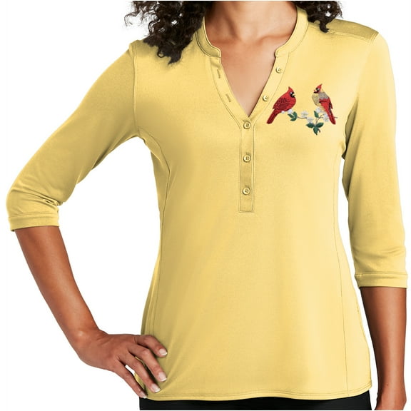 Women's Cardinal Couple on Branch 5-button 3/4 Sleeve Henley Shirt, 4XL Sunbeam Yellow