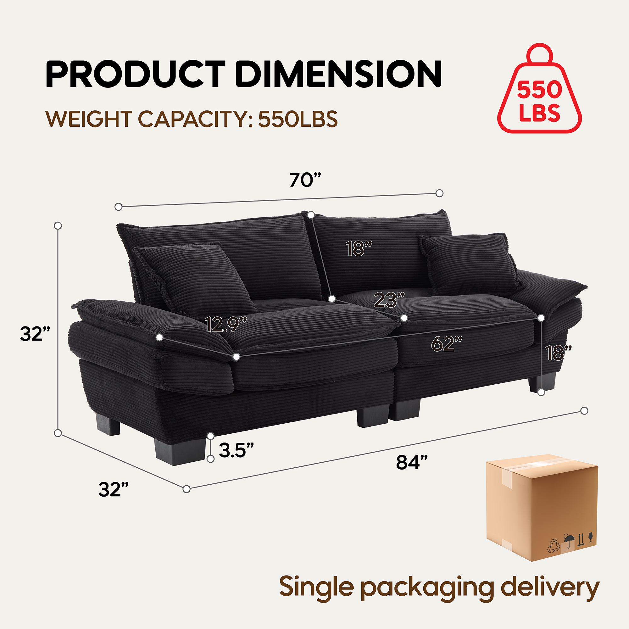 84" Comfy Corduroy Sofa 2-Seater Deep Seating Loveseat with Pillows for Small Spaces