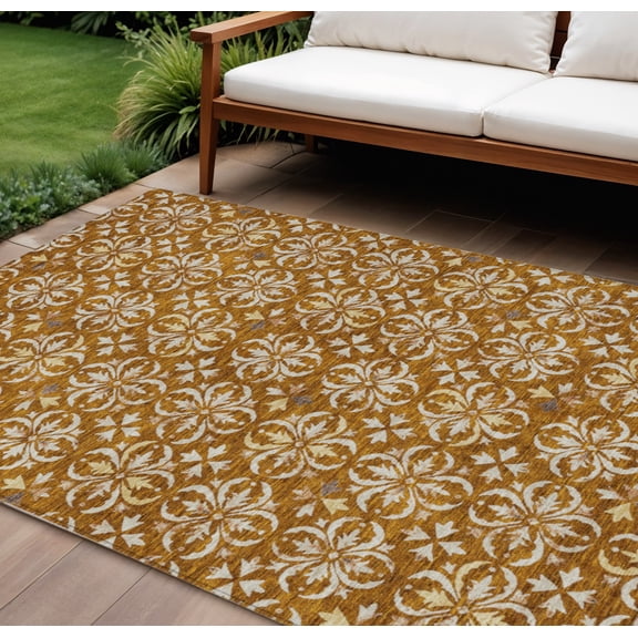 HomeRoots 595983 9 x 12 ft. Copper & Beige Floral Washable Indoor & Outdoor Rectangle Area Rug