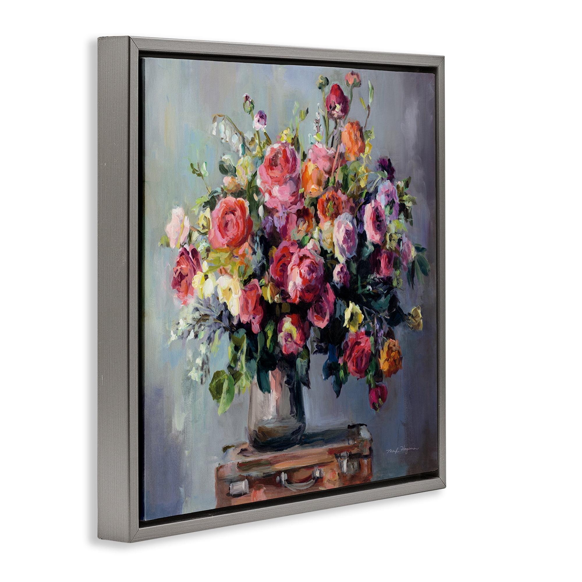 Stupell Industries Abundant Rose Bouquet Plants & Flowers Painting Gray Floater Framed Canvas Art Print Wall Art, 18 x 18