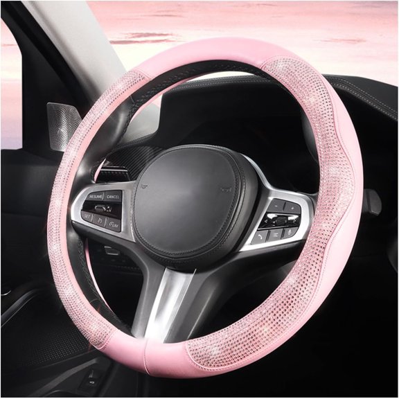 Pink O Shaped Leather Steering Wheel Cover with Bling Diamond 15 Inch, Universal Steering Wheel Wrap Protector Car Interior Accessories for Women
