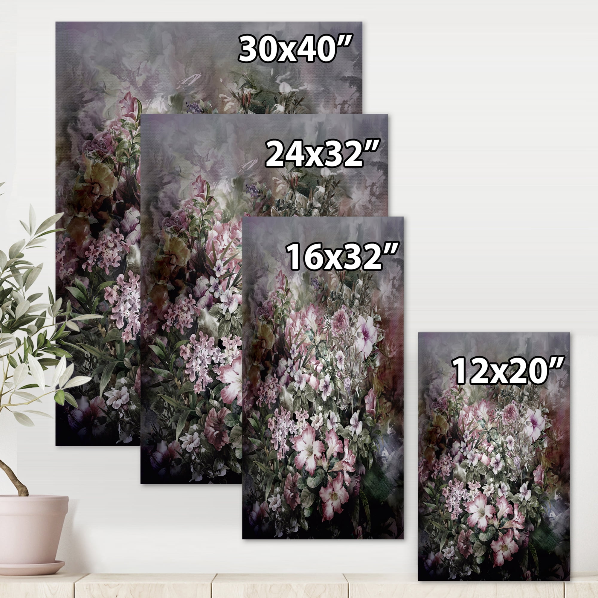 Drawing of Flowers Retro IV 30 in x 40 in Photography Canvas Art Print, by Designart