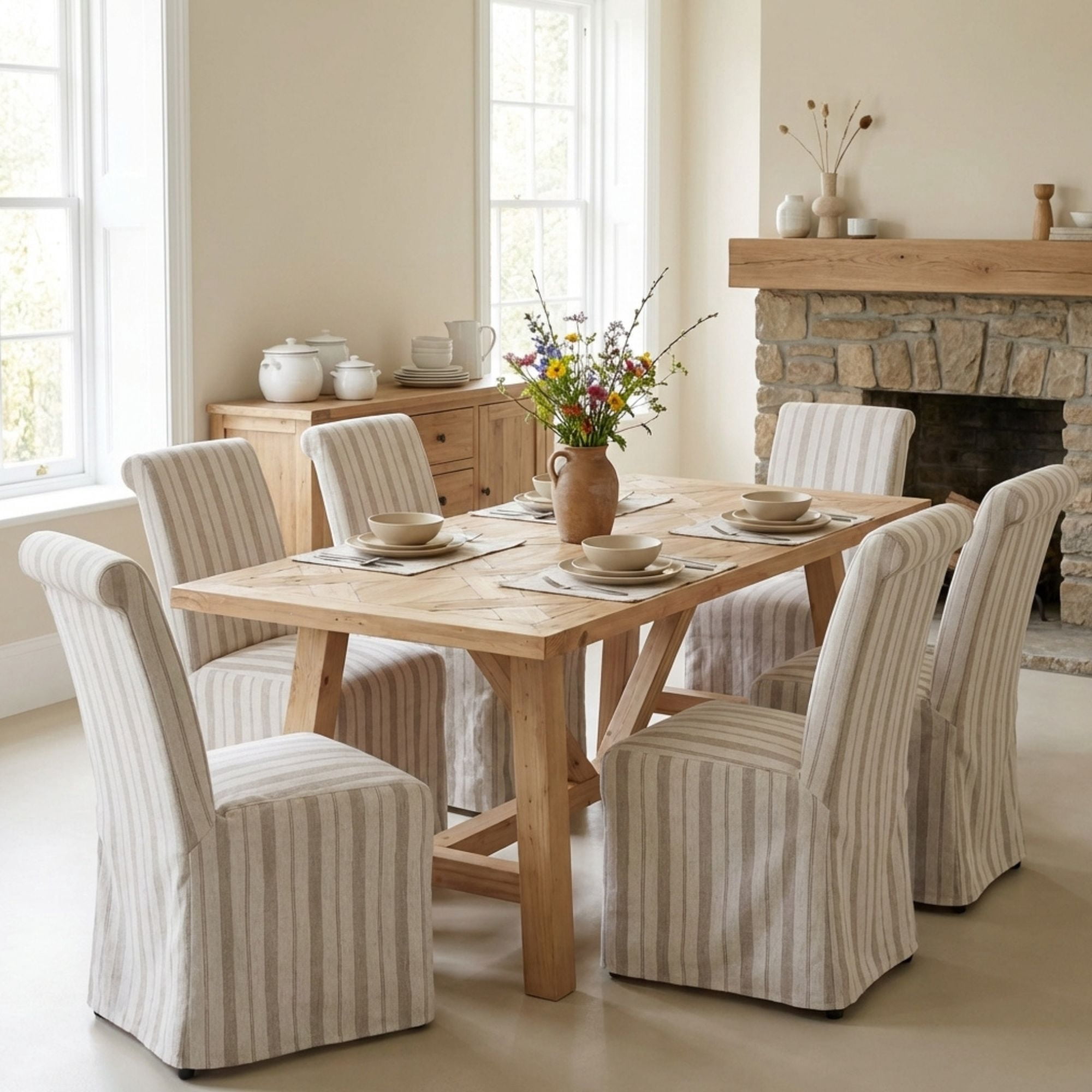 Dayalane Slipcovered Parsons Dining Chairs Set of 6, Modern Farmhouse High Back Linen Upholstered Chair with Removable Skirted, Classic Wooden Side Kitchen Chairs for Dining Living Room, Khaki Stripe