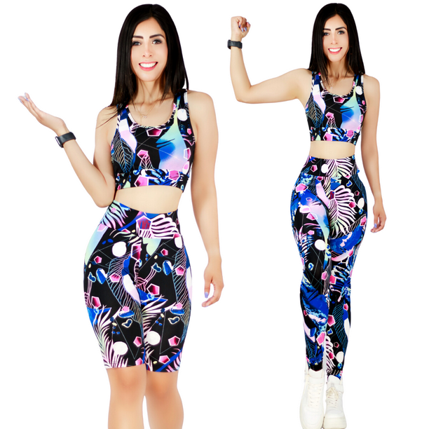CONJUNTO DEPORTIVO DE MUJER DE 3 PIEZAS SHORT LEGGING Y TOP CON ESTAMPADO