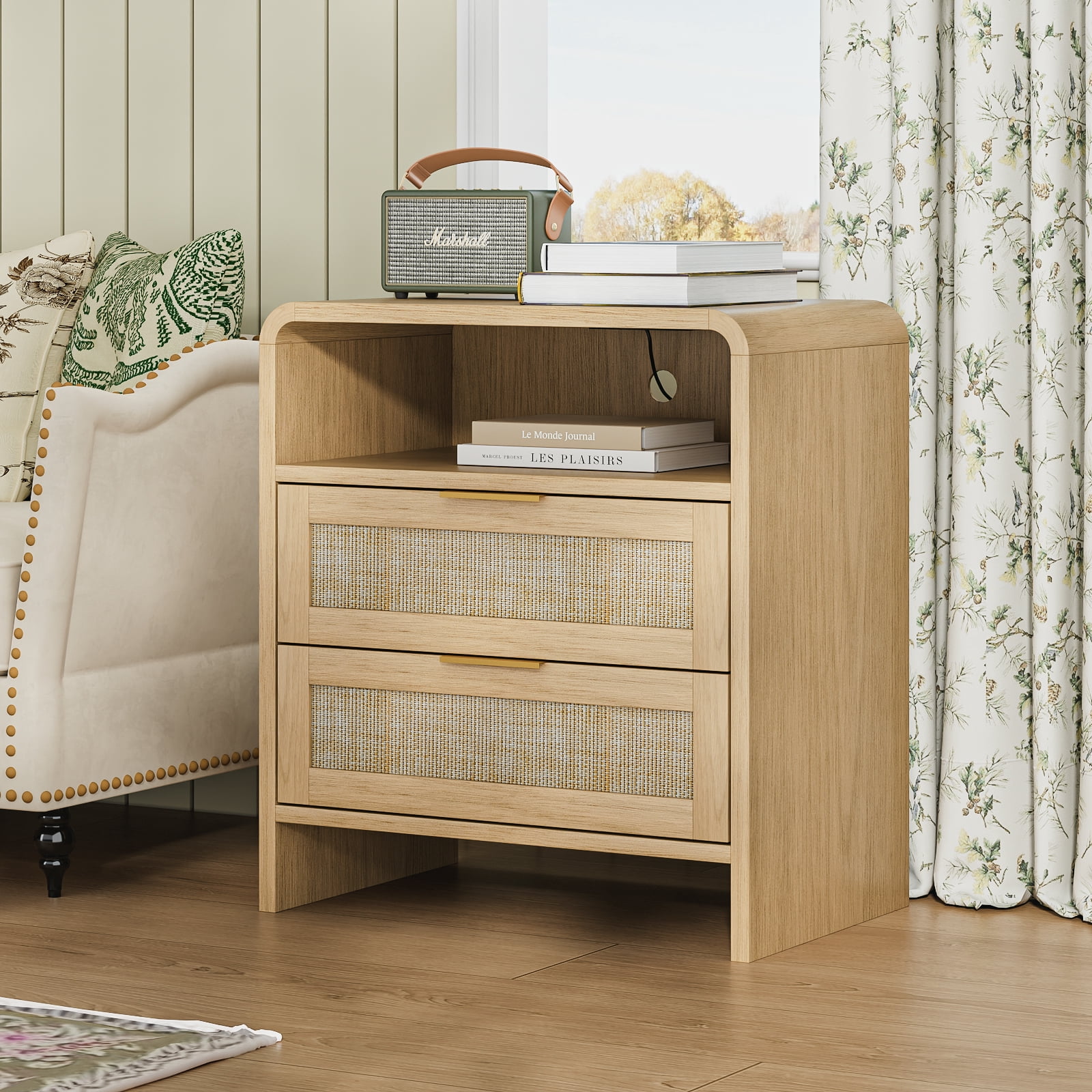 Nightstand Sets, Bedside Table Sets, Rattan Nightstand with Integrated Power Outlet, 2 Drawers, Open Shelf, Curved Design, Set of 2 Matching Bedside Tables for Bedroom, Natural Oak
