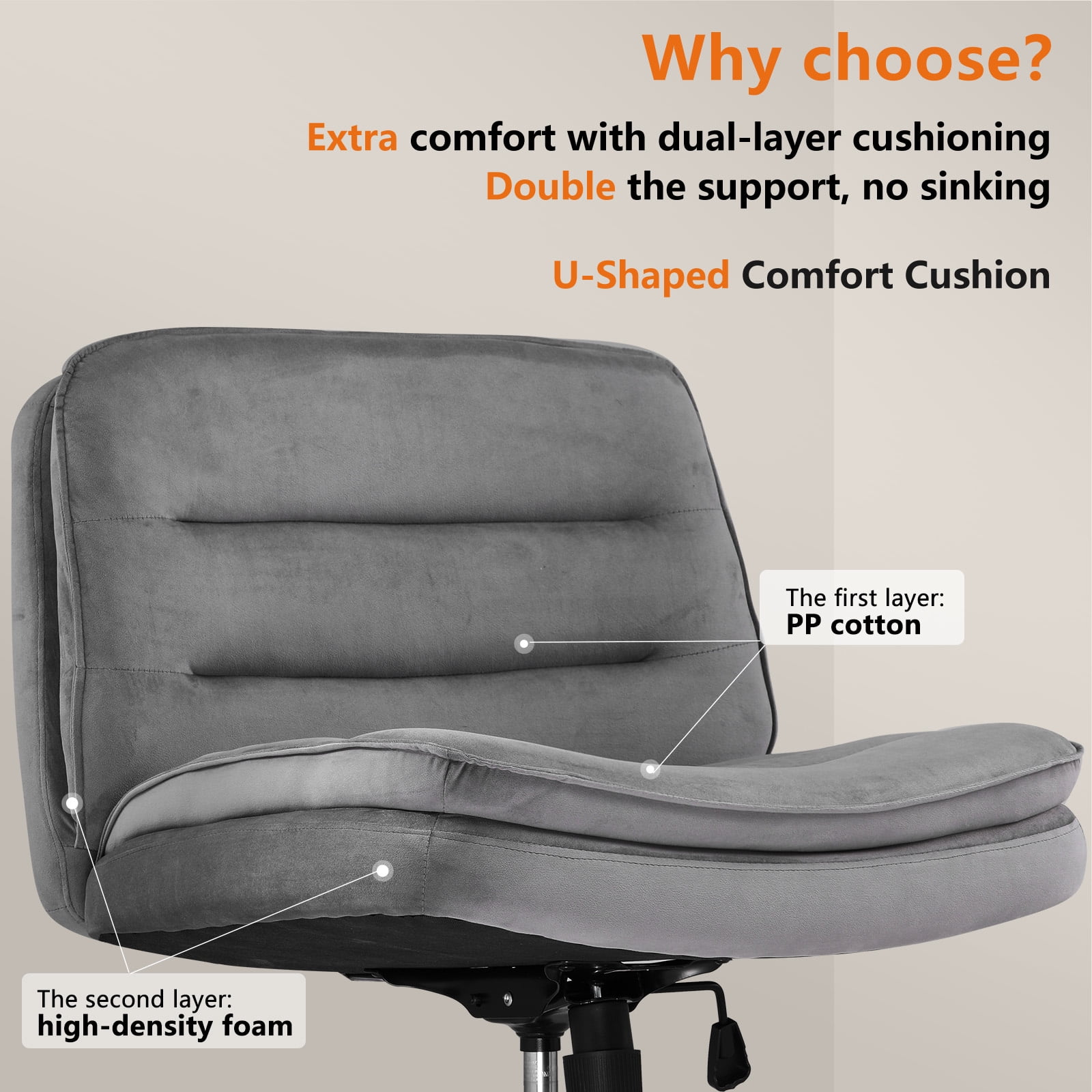 COMHOMA Armless Office Desk Chair, Criss Cross Swivel Chair with Wheels, Wide Seat Adult Vanity Chair for Home Office , Gray