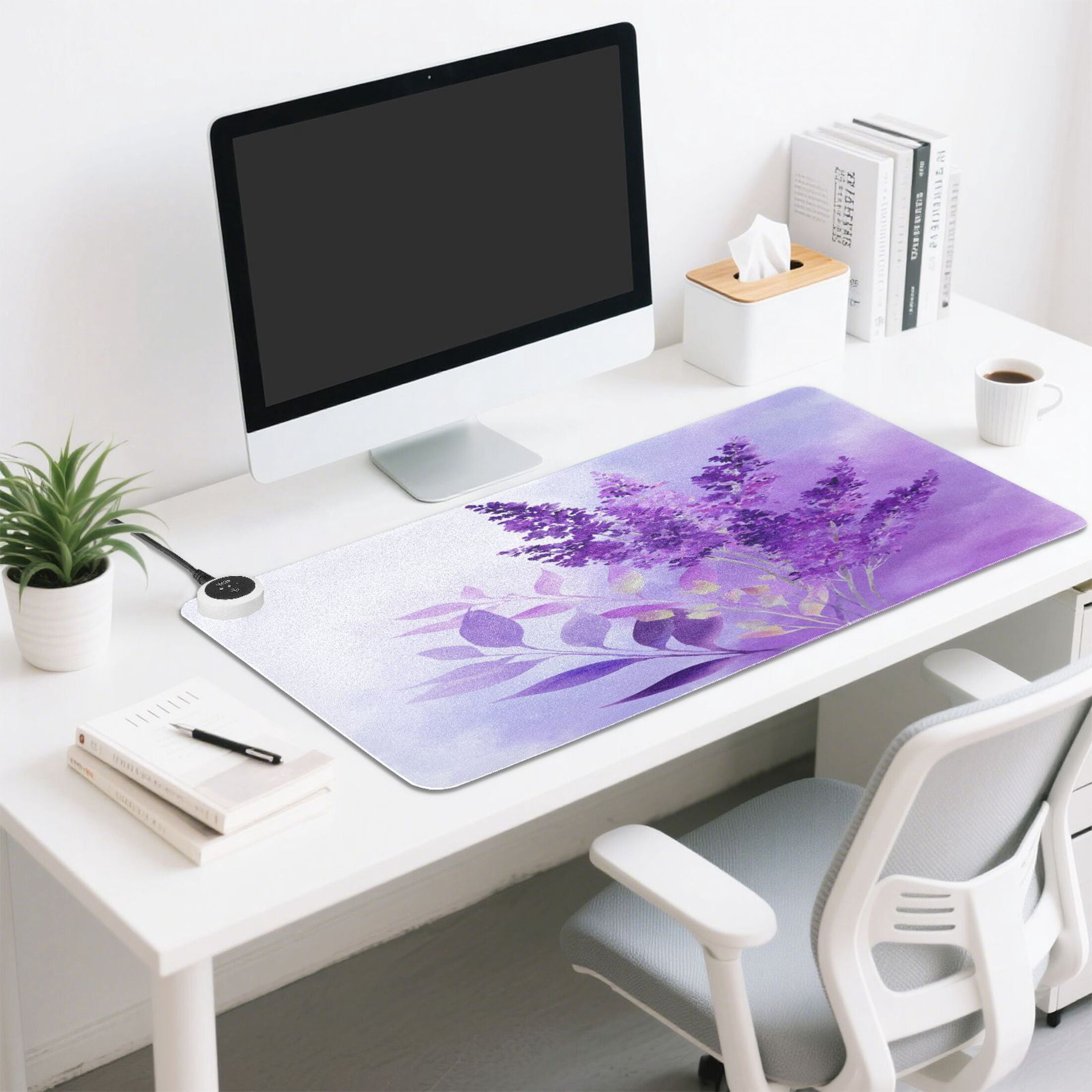 Large Heated Desk Mat Mouse Pad 31.5"x13"PU Leather Graphene Heating Desk Warmer with 3 Temperature Settings 110V US Plug Non-Slip Warm Pad for Home, Office, and Gaming Watercolor Lavender Clip Art