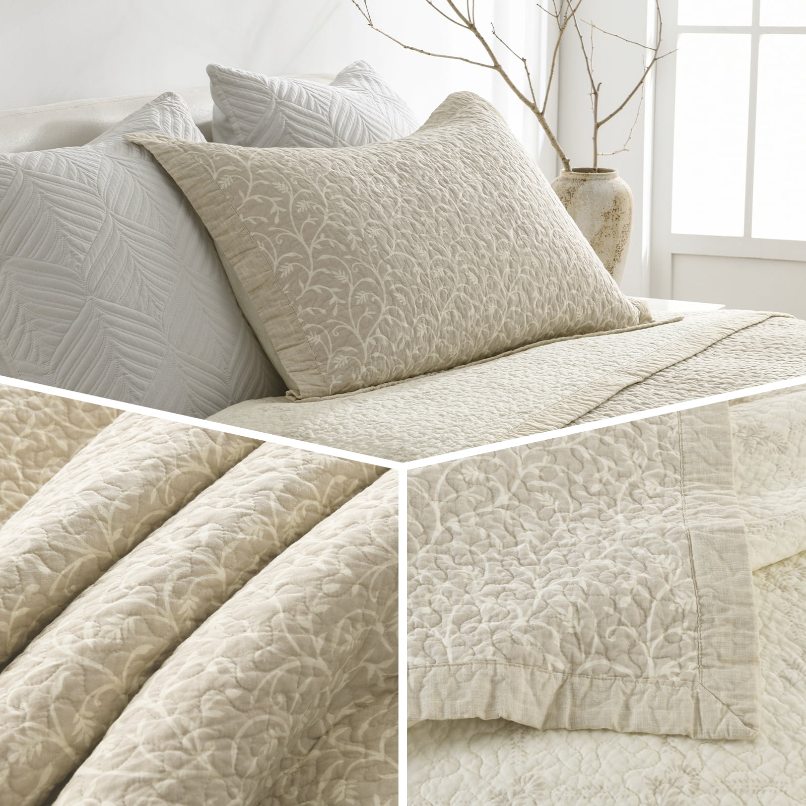 CozyDH 3-Piece Farmhouse King Size Quilt Set - 100% Cotton Classic Bedspread with 2 Shams, Oatmeal Vine Pattern