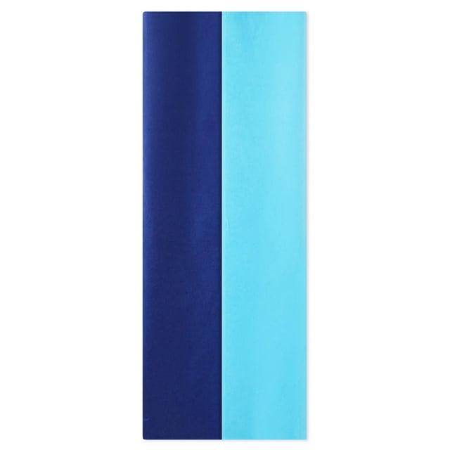 Hallmark Navy Blue and Turquoise Bulk Tissue Paper for Holiday Gift Wrapping showing two folded sheets, one navy blue and one turquoise, each 20 by 20 inches, suitable for gift wrapping, party supplies, filling gift bags, and DIY crafts like paper flowers.