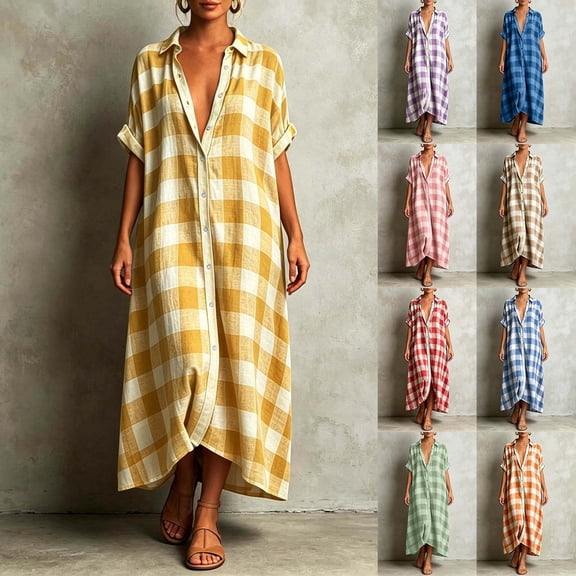 ibiyuan Linen Maxi Dress Women Short Sleeve Button Down Casual Cotton Shirt Dress Loose Summer Gingham Beach Cover Up