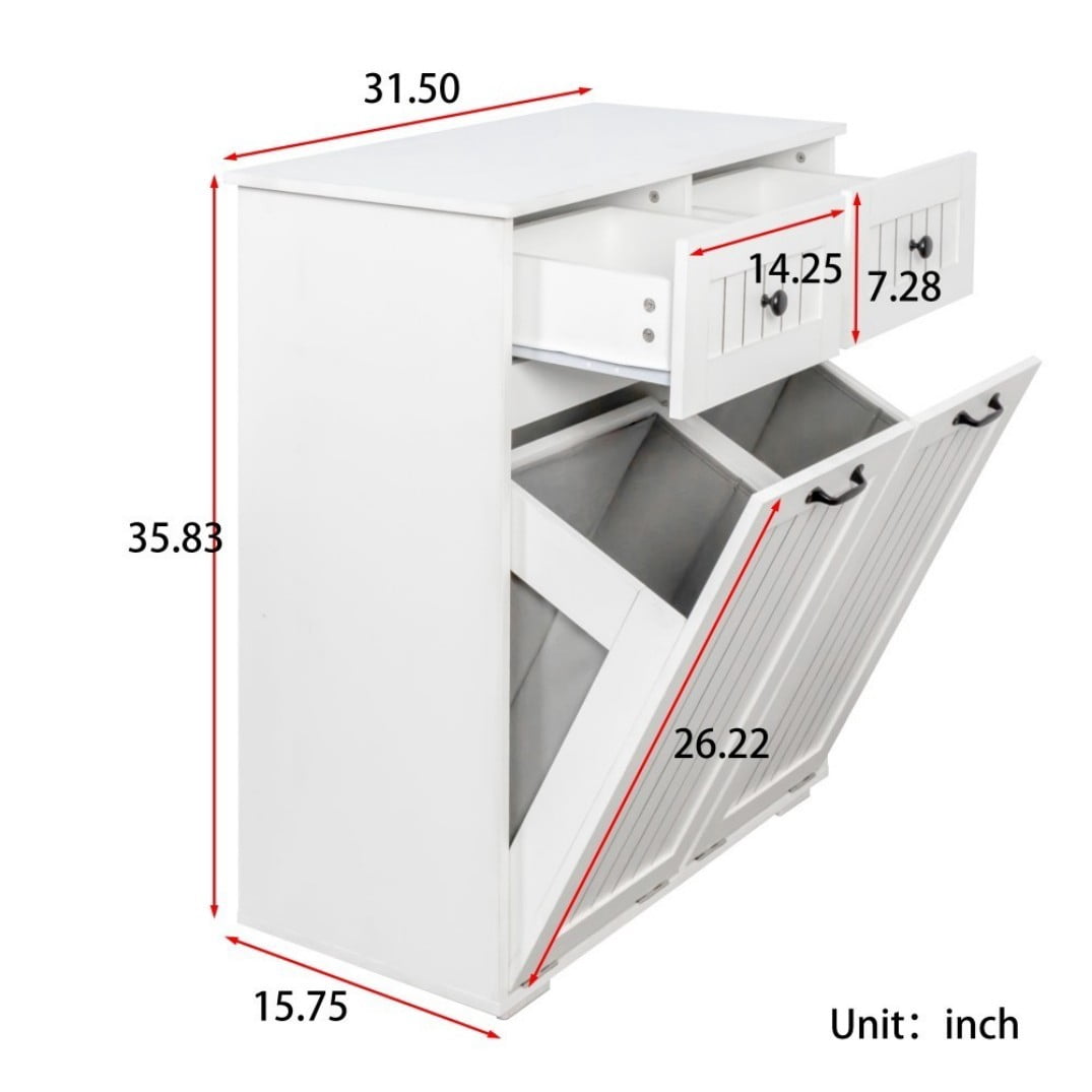 Laundry Cabinet with 2 Removable Baskets and 2 Drawers, Double Laundry Hamper with Sorting Compartments, Freestanding Storage Cabinet Organizer, White