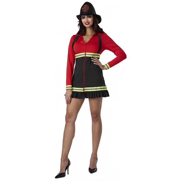 Seasons Firefighter Costume, Red and Black Mini Dress with Hat, Halloween Outfits for Adults
