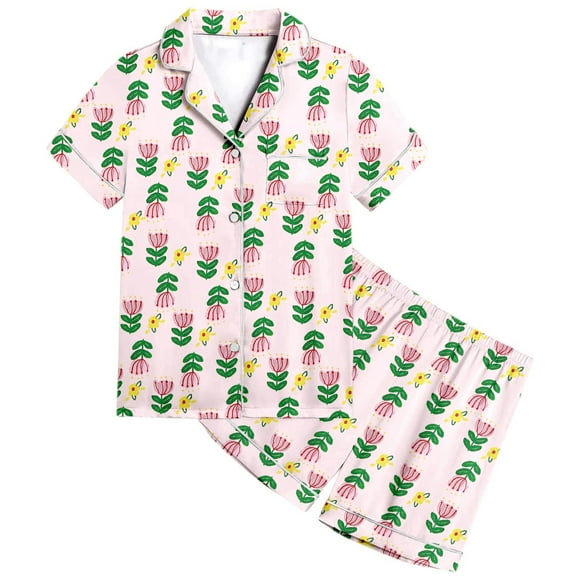 TOOYOU Girls Sleepwear 2 Pack Pajamas Flowery Pattern Kids Printed Short Sleeve Button Down Pjs Shorts Set Loungewear Outfits Sweet Girl Lightweight Pyjamas Size 4-5 Years Light Pink