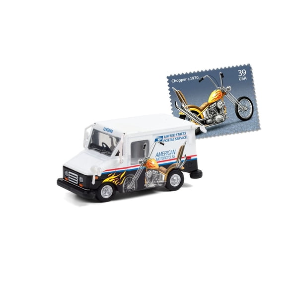 American Motorcycles Collectible Stamps United States Postal Service (USPS) Long Live Postal Mail Delivery Vehicle (LLV) , White - Greenlight 30249/48 - 1/64 scale Diecast Model Toy Car