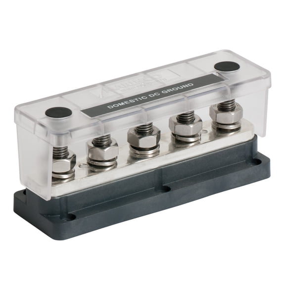 BEP Barre Marine 777-BB5S-650 Type à Bande Plate; 5 Points de Terminal; 650 Ampères Maximum; Sans Couvercle Isolant; Longueur 5.8 Pouces x Largeur 1.91 Pouces; Conducteur en Cuivre Teinté/clous en Acier Inoxydable