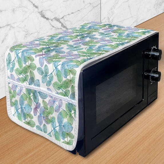 Leaves Microwave Oven Cover, Composition of Foliage Detailed Arrangement with Ornate Nature Illustration, Water Resistant Organizer with Pockets for Kitchen, 36" x 12", Green Blue White, by Ambesonne